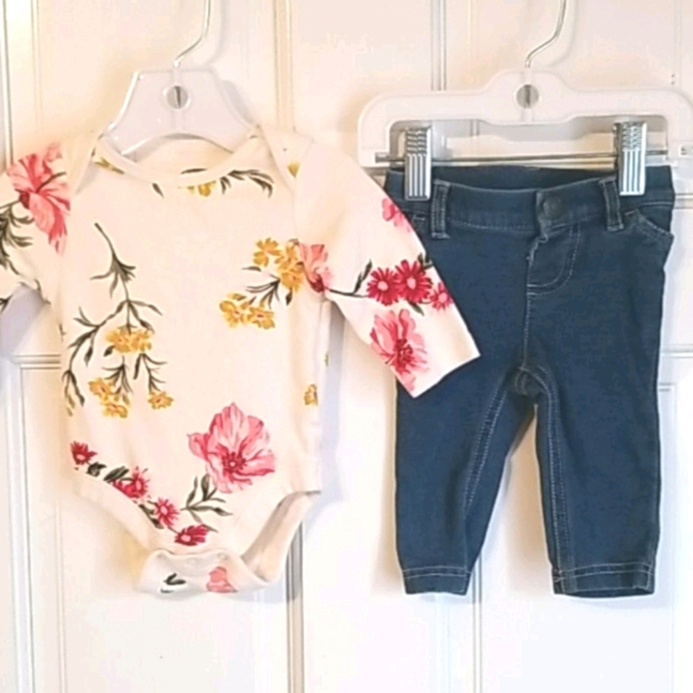 3/$12 Floral onesie and denim bundle